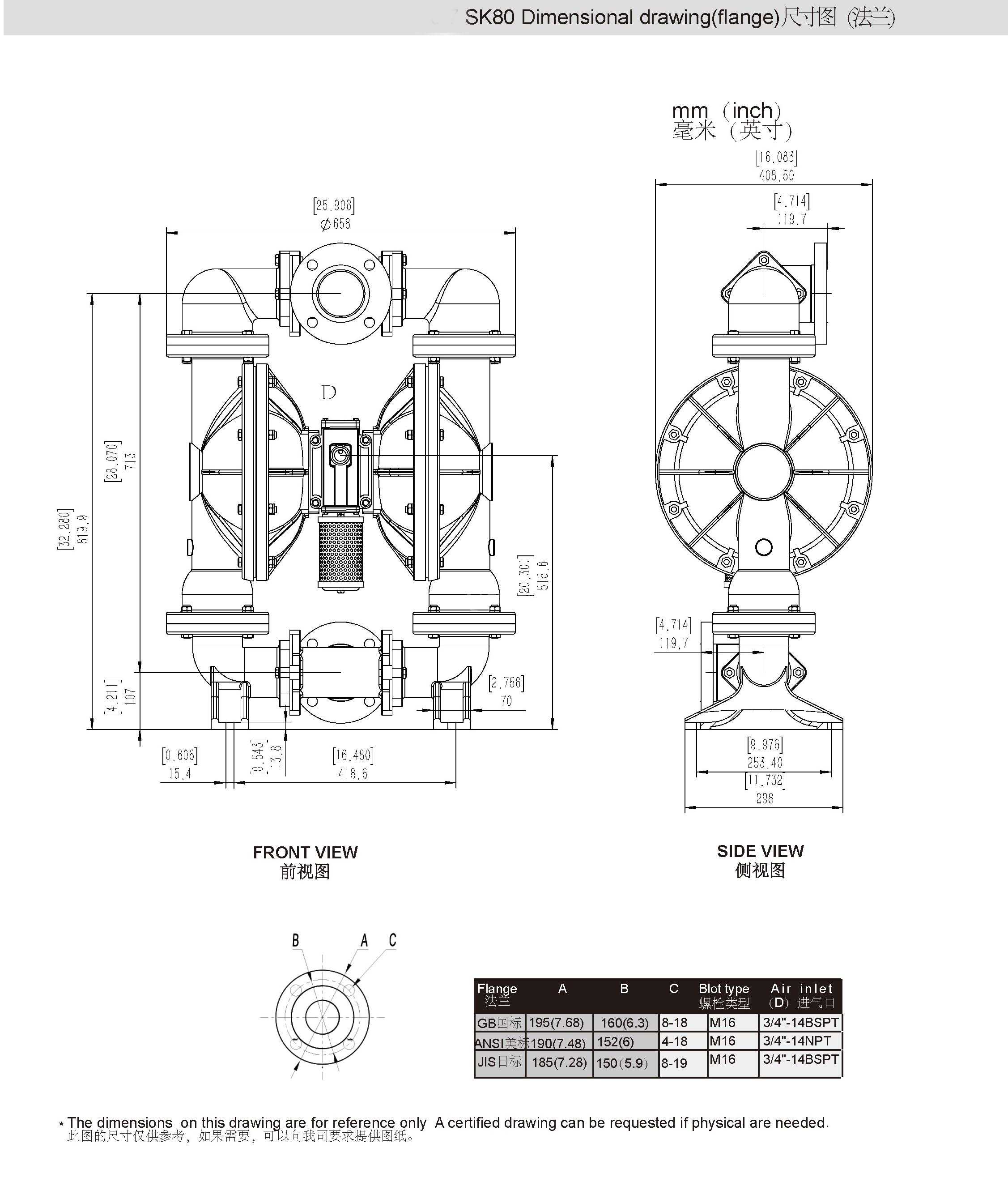 SK80氣動隔膜泵法蘭泵尺寸圖